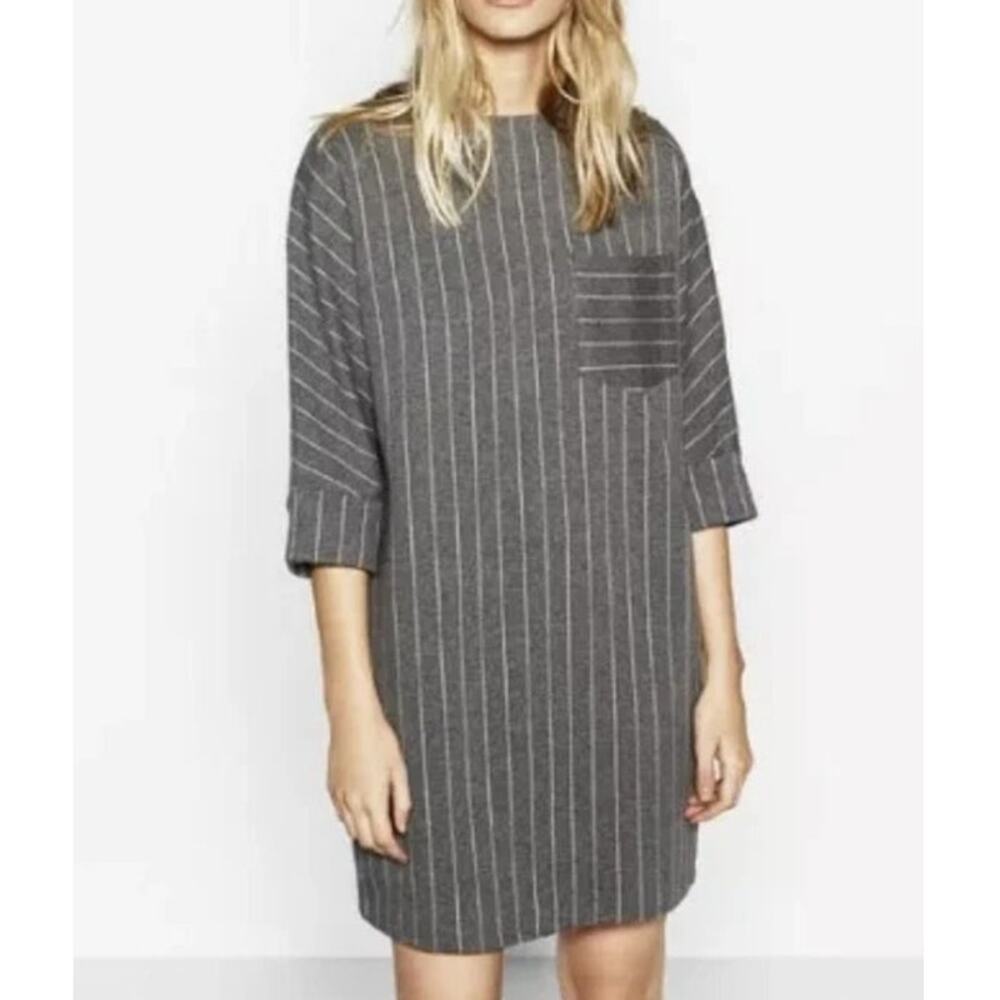 Zara Dress Women's Size Small Gray Pinstriped 3/4 Sleeve Pocket Shift Mini Dress